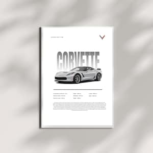 Chevrolet Corvette C7 Wall Print, Front Engine American Muscle Car Poster, Modern Sports Car Artwork for Garage, Man Cave, or Office Decor