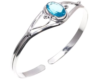 Pulsera tipo brazalete de plata de ley con topacio azul, brazalete de piedras preciosas hecho a mano.