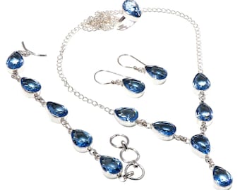 London Blue Topaz Sterling Silver Jewelry Set • Adjustable Ring, Necklace, Bracelet & Earrings