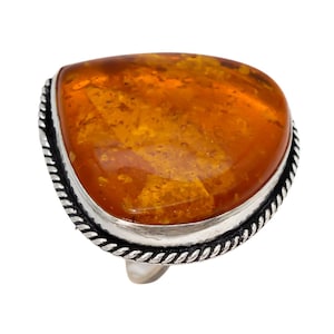Adjustable 925 Sterling Silver Amber Ring | Natural Baltic Amber Jewelry | Handmade Boho Ring | Gift for Her | Gemstone Statement Ring
