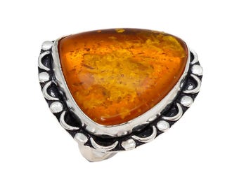 Adjustable Sterling Silver Baltic Amber Ring | Boho Gemstone Jewelry