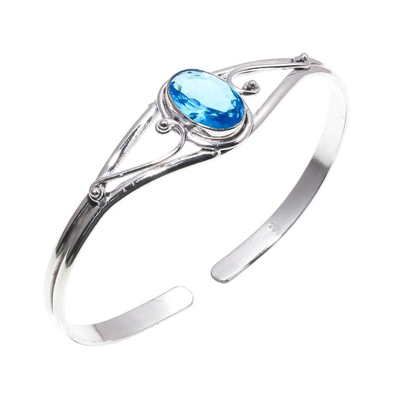 Bracelet Manchette En Argent Sterling 925 Avec Topaze Bleue - Réglable, Fait Main, Neuf Sans Emballage