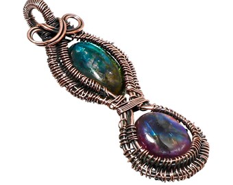 Handmade Two-Stone Labradorite Pendant, Bohemian Copper Wire Wrapped Jewelry