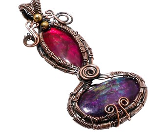 Artisan Copper Wire Wrapped Labradorite Pendant, Two-Stone Necklace