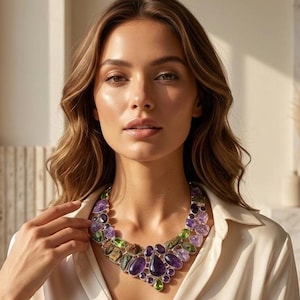May include: A statement necklace featuring a cluster of polished and raw gemstones in shades of purple, green, and brown. The design incorporates various shapes including teardrops, ovals, and irregular pieces set in a metallic frame around the neck.