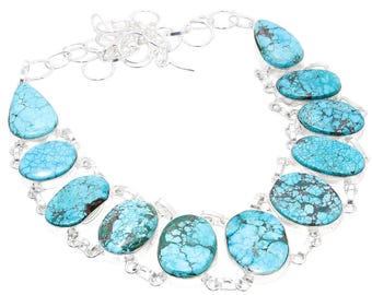 Collier turquoise en argent sterling fait main - Pierres précieuses bohèmes du sud-ouest
