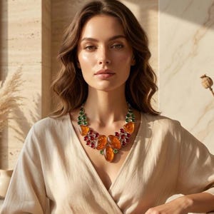 May include: A statement necklace featuring large, polished amber cabochons as the centrepiece, surrounded by smaller, faceted red and green gemstones arranged in a floral-inspired cluster design on a metallic base, worn with a beige V-neck top.