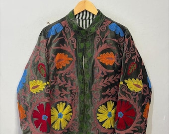 Hand-Stitched Boho Velvet Jacket: Floral Embroidered, Vintage Inspired
