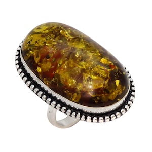 Adjustable 925 Sterling Silver Amber Ring | Natural Baltic Amber Jewelry | Handmade Boho Ring | Gift for Her | Gemstone Statement Ring