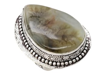 Anello in agata paesaggistica fatto a mano – Gioielli naturalistici in argento sterling