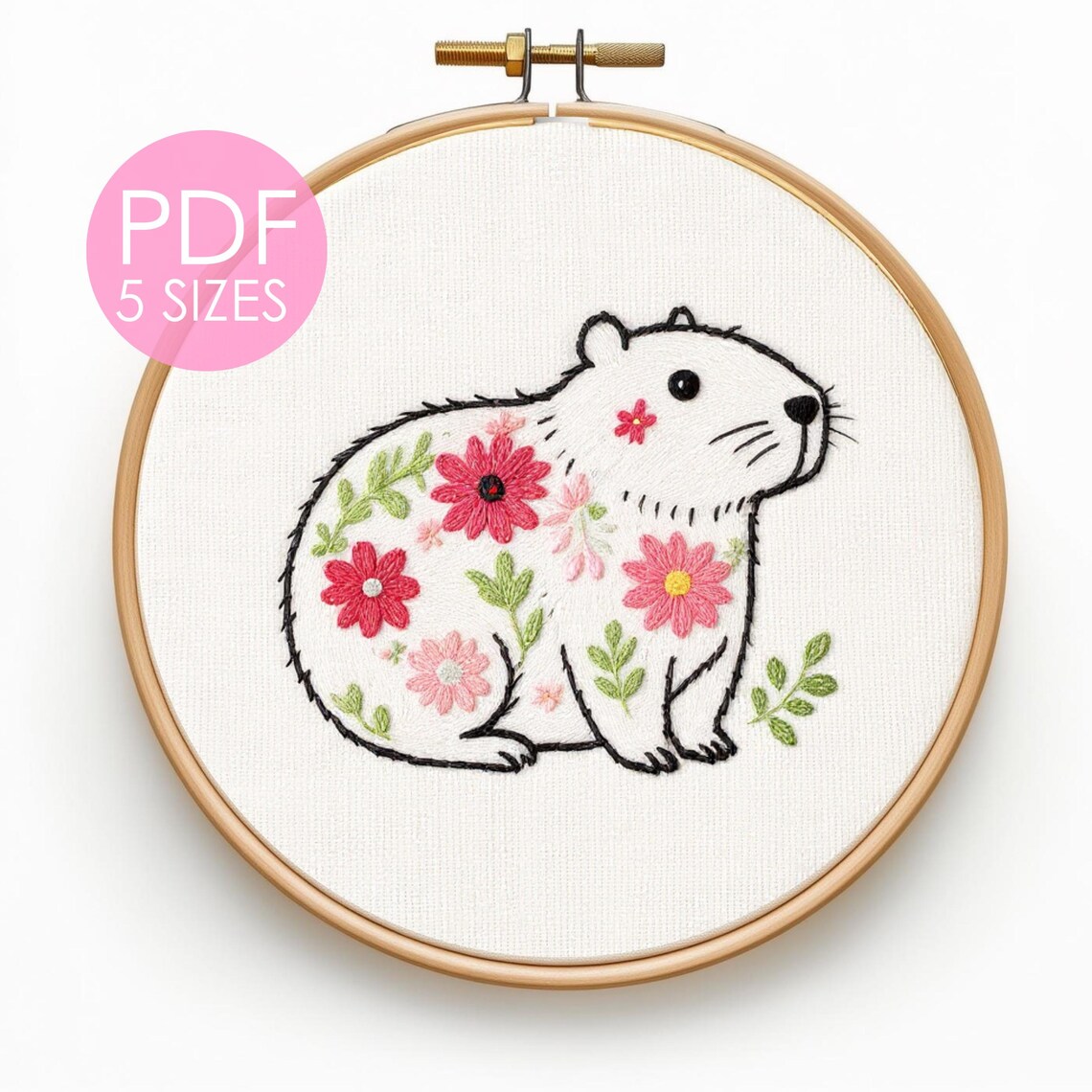 Capybara Hand Embroidery Template, Cute Animal and Flower DIY Stitch ...