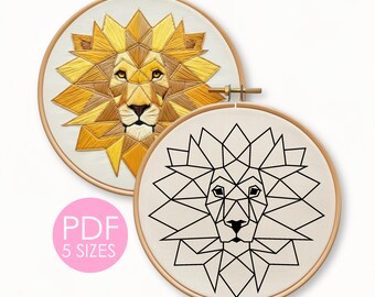 ライオンの手刺繍パターン、動物デザイン（デジタルダウンロード