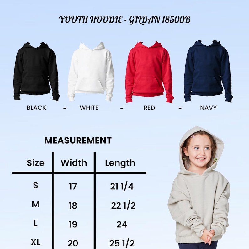 Może przedstawiać: Bluzy z kapturem dla młodzieży w kolorze czarnym, białym, czerwonym i granatowym. Obraz zawiera tabelę pomiar&oacute;w z rozmiarami S-XL, szerokościami od 43 do 51 cm i długościami od 54 do 65 cm. Tekst "YOUTH HOODIE - GILDAN 18500B" znajduje się na g&oacute;rze.