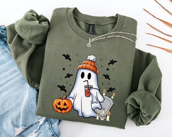 Schattig Halloween-spooksweater met capuchon | Gezellig herfstspook met pompoen | Trui met grafische afbeelding Spooky Autumn Ghost Drinking Juice