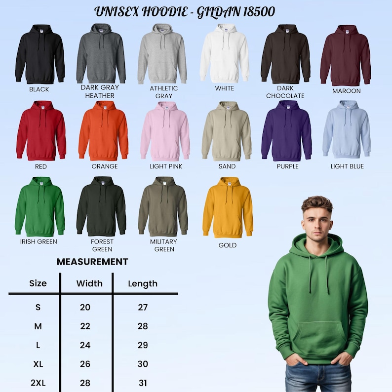 Może przedstawiać: Wyb&oacute;r bluz z kapturem unisex w r&oacute;żnych kolorach, w tym czarnym, szarym, białym i czerwonym. Obraz zawiera tabelę rozmiar&oacute;w z wymiarami w cm dla szerokości i długości, od rozmiaru S do 2XL.