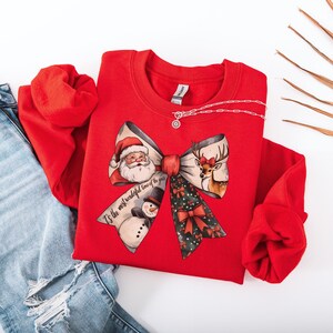 Christmas Bow Hoodie – Santa Reindeer Snowman Sweatshirt – Festive Holiday Top