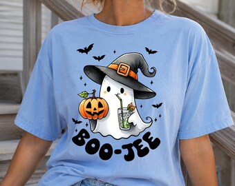 ハロウィンのゴーストシャツ、コンフォートカラーズのブージーTシャツ、かわいい魔女のゴーストTシャツ、不気味な秋のシャツ
