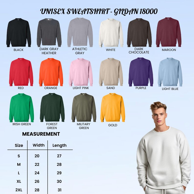 Może przedstawiać: Prezentacja bluz unisex Gildan 18000 w r&oacute;żnych kolorach: czarnym, ciemnoszarym, szarym sportowym, białym, ciemnobrązowym, bordowym, czerwonym, pomarańczowym, jasnor&oacute;żowym, piaskowym, fioletowym, jasnoniebieskim, irlandzkim zielonym, leśnym zielonym, wojskowym zielonym i złotym. Podano wymiary.