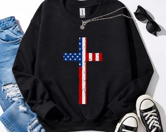 Sweater met Amerikaanse vlag kruis 4 juli, Faith-hoodie, cadeau-top christelijk VS