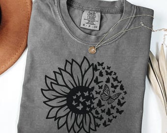 Sunflower Butterfly Shirt – Comfort Colors Tee | Casual Graphic Style