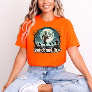 Running Zombie Halloween Shirt - Funny Gildan T-Shirt, &#39;&#39;Run For Your Life&#39;&#39; Graphic Tee, Horror Zombie Chase Design, Spooky Gift Idea