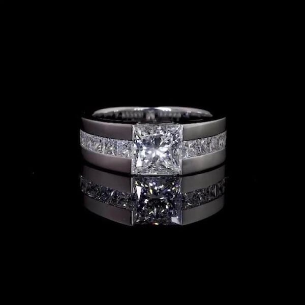 Men's Princess Cut Moissanite Engagement Ring, 2CT Icy White, Custom Gold or Platinum Band