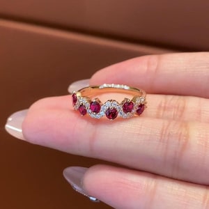 Art-deco damesring robijn en diamant in vintage geel goud, stapelbare trouwring, jubileumcadeau-sieraden