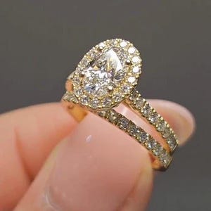 1.50ct Oval Halo Moissanite & Diamond Engagement Wedding Set -Silver Stone Promise Ring Engagement  Anniversary Gift Band Wedding