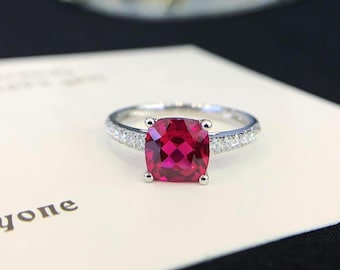 Pink Sapphire Cushion Cut Engagement Ring For Women, Moissanite Solitaire with Pavé Diamond Accents, Sterling Silver Bridal Ring