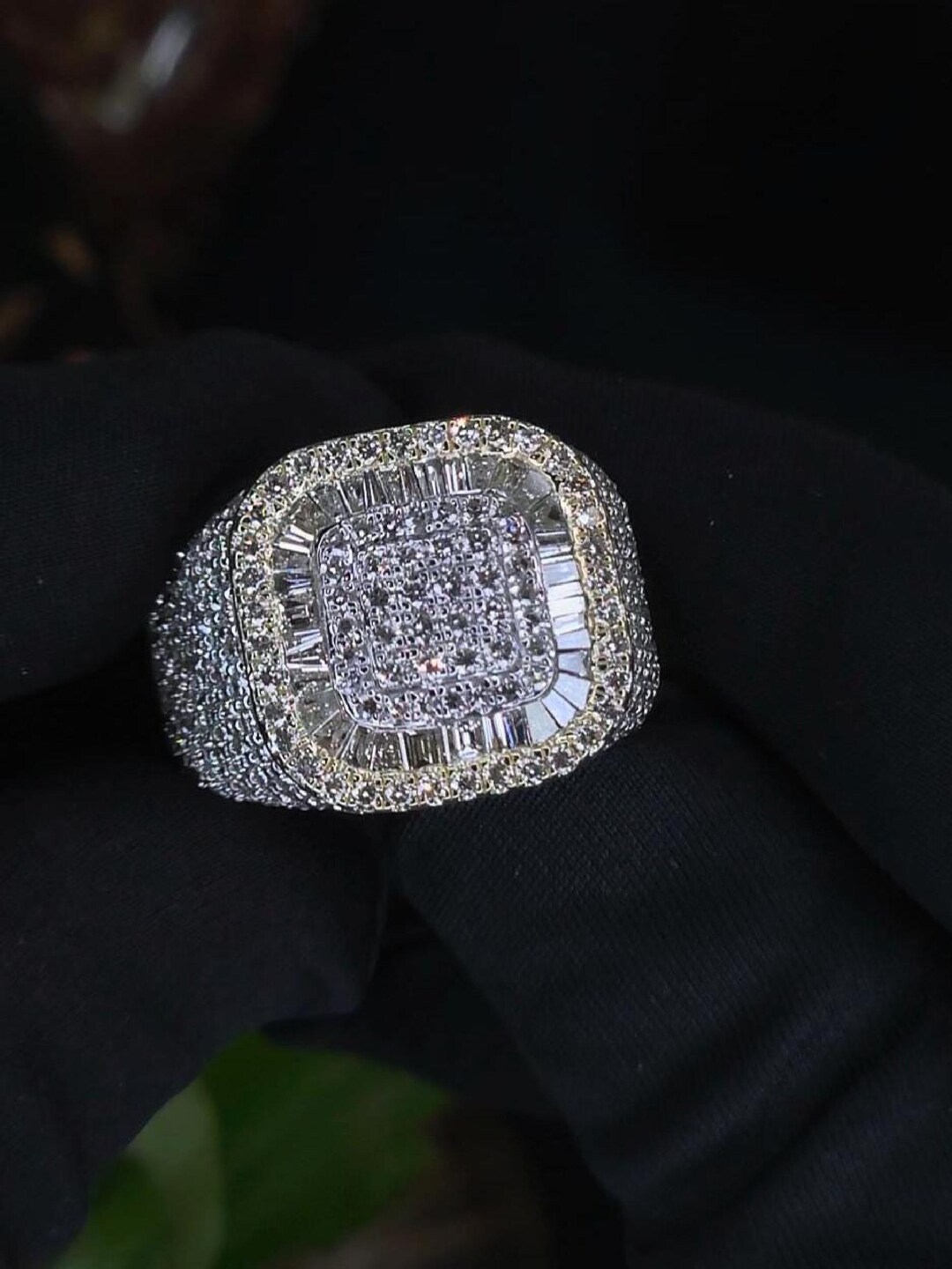 Baugette Rapper Ring Men's Iced Out Moissanite Ring | Round & Baguette Cluster Statement ...