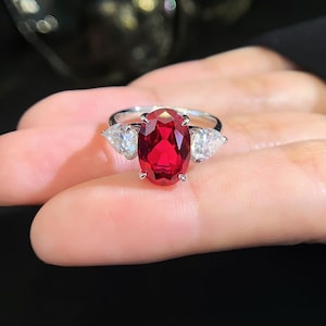 Vintage Roter Rubin Verlobungsring - Sterling Silber Oval Cut 2ct Rubin und Diamant Band Verlobungsring Hochzeit Jahrestag Geschenk