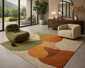 Abstract Area Rug, Wavy Organic Pattern, Green Orange Wool, Mid Century Modern, Living Room Decor, 8x10 5x7