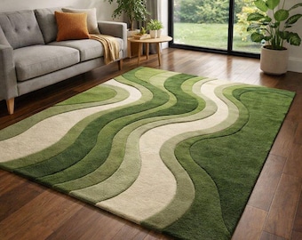 Green Wavy Rug, Sage Green Tufted Area Rug, Modern Forest Green Carpet, Abstract Wave Rug for Living Room, Large Green Rug, Boho Sage Carpet