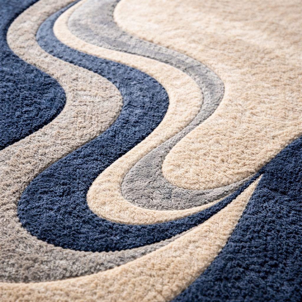 Abstract Wavy Area Rug, Blue & Beige Irregular Shape Rug, Modern Hand ...