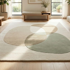 Neutral Abstract Area Rug | Overlapping Circle Pattern Carpet | Beige Cream Sage Green Rug | Living Room Bedroom Decor | Custom Size