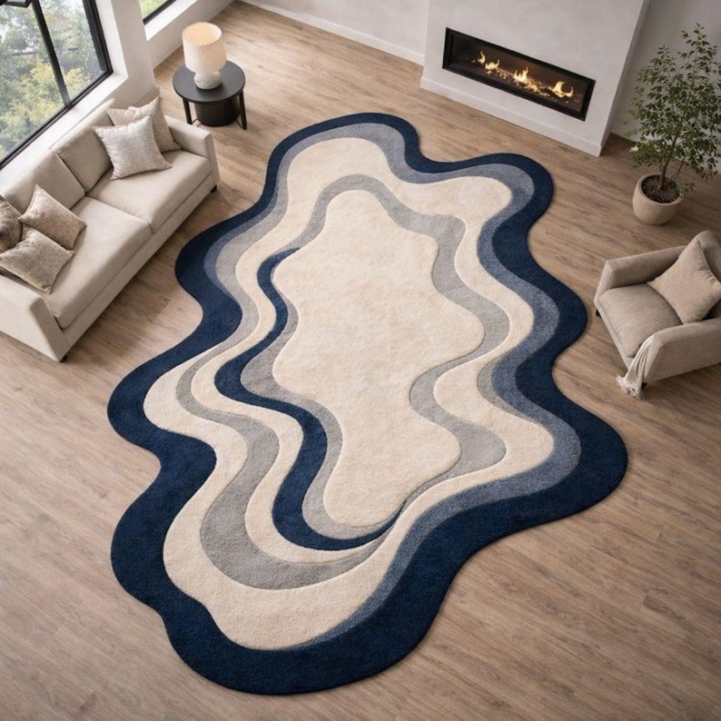 Abstract Wavy Area Rug, Blue & Beige Irregular Shape Rug, Modern Hand ...