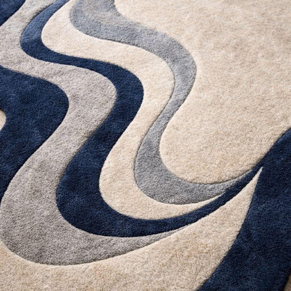 Abstract Wavy Area Rug, Blue & Beige Irregular Shape Rug, Modern Hand ...