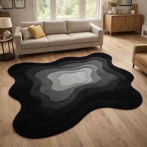Hand Tufted Irregular Contour Rug Black Grey Gradient Abstract Wave Carpet Modern Handcrafted 3D Effect Area Rug for Living Room Bedroom Rug