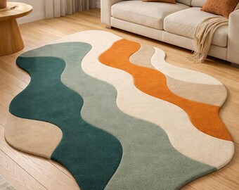 Wavy Abstract Rug Irregular Shape Hand Tufted Area Carpet for Living Room Modern Aesthetic Boho Decor Mid Century Organic Minimalist Rugs