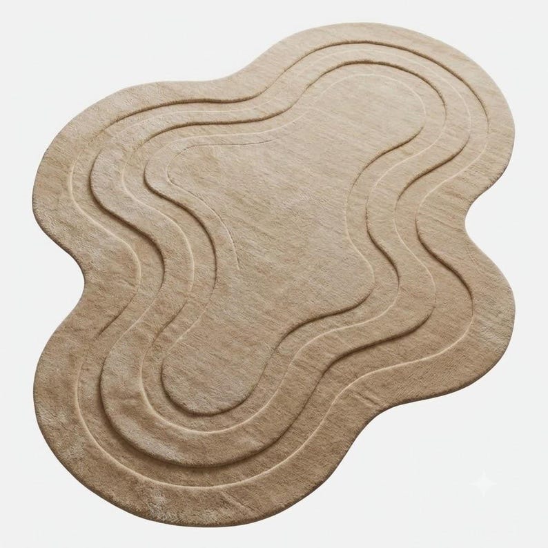 Wavy Area Rug, Irregular Organic Pattern, Beige Hand Tufted Wool ...