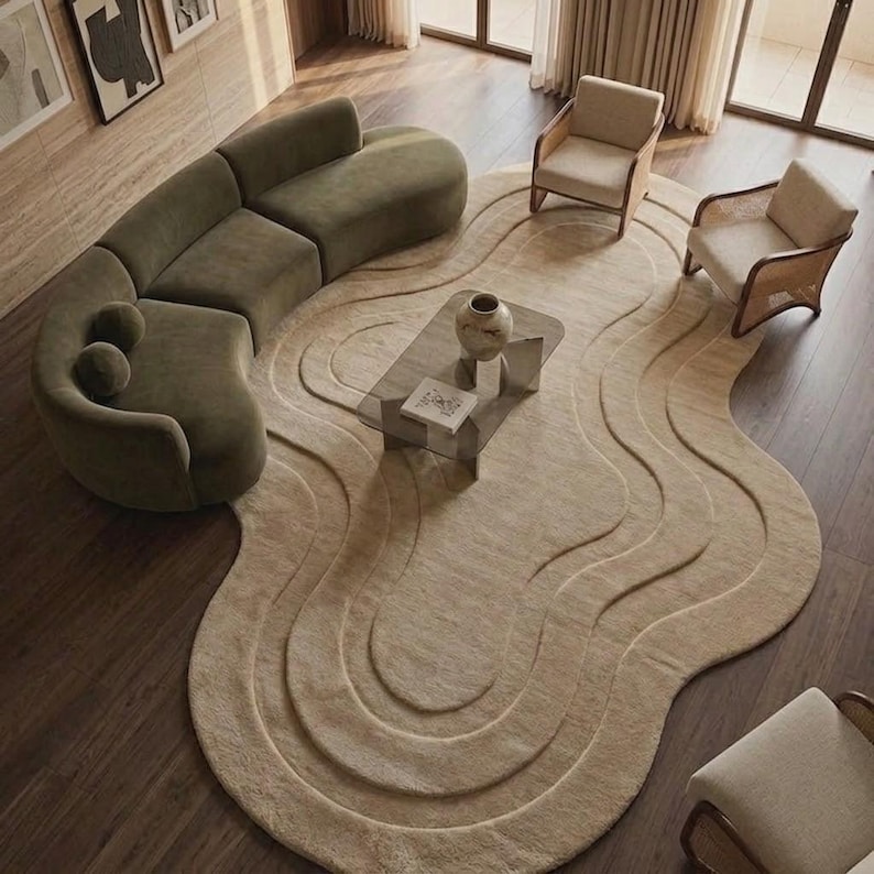 Wavy Area Rug, Irregular Organic Pattern, Beige Hand Tufted Wool ...