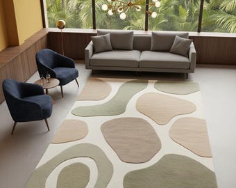 Hand Tufted Wool Rug Organic Abstract Shapes Carpet Sage Green Beige Modern Area Rug for Living Room Custom Large Rug Aesthetic Home Decor