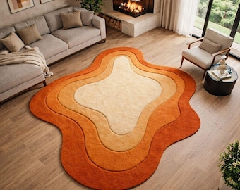 Orange Abstract Rug, Mid Century Modern Irregular Shape Carpet, Handmade Wool Tufted Rug, Retro Wave Area Rug for Living Room, 5x8, 8x10 Rug