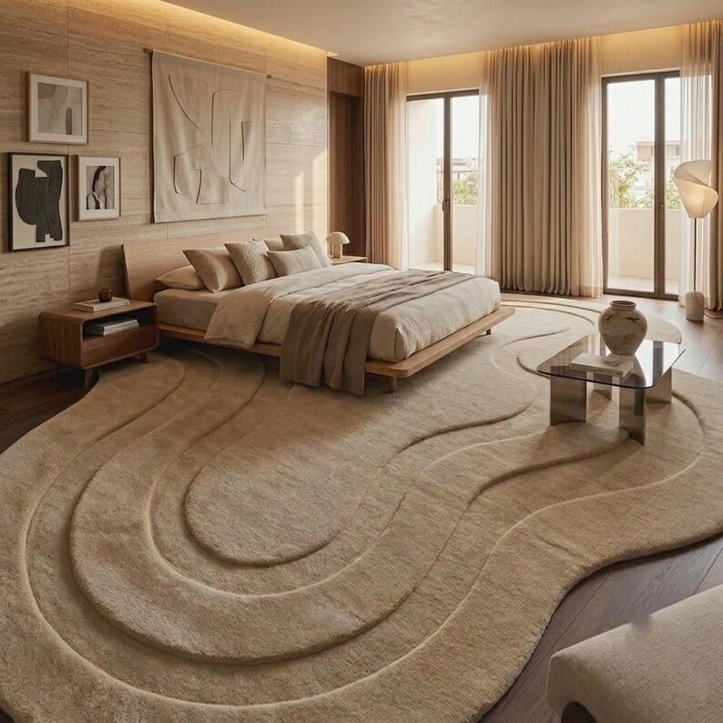 Wavy Area Rug, Irregular Organic Pattern, Beige Hand Tufted Wool ...
