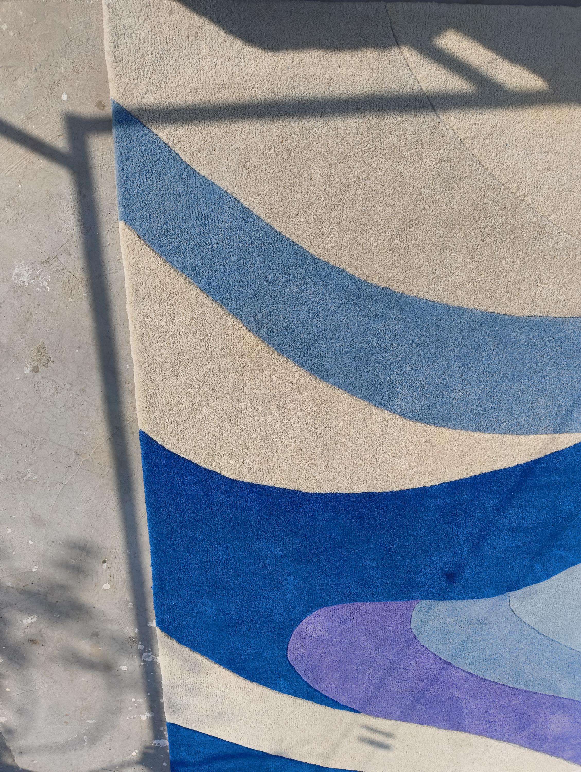 Blue Abstract Wavy Area Rug, Modern Hand Tufted Wool Carpet for Living ...
