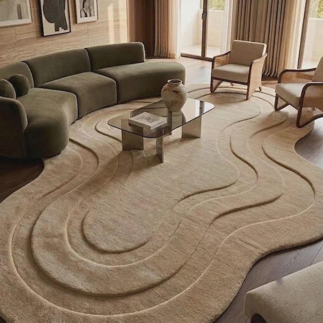 Wavy Area Rug, Irregular Organic Pattern, Beige Hand Tufted Wool ...