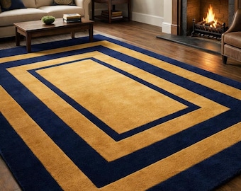 Navy Blue Gold Rectangle Rug Modern Geometric Border Carpet Hand Tufted Area Rug for Living Room Bedroom Office Decor Large Custom Size Rugs