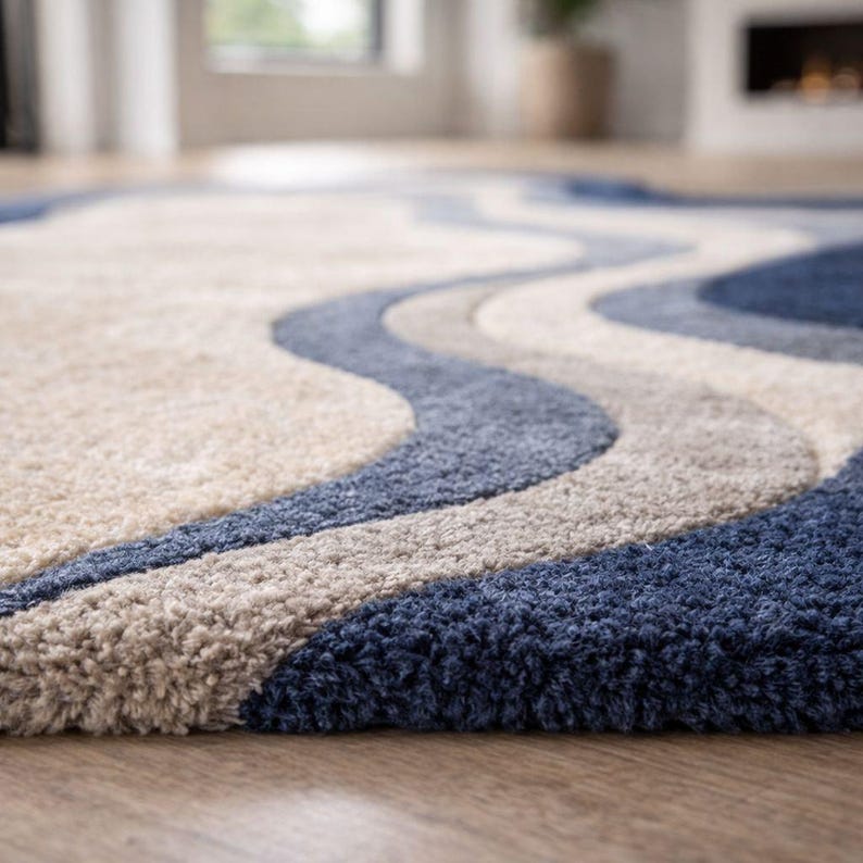 Abstract Wavy Area Rug, Blue & Beige Irregular Shape Rug, Modern Hand ...