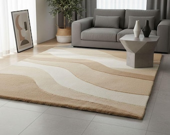 Wave Design Hand Tufted Wool Rug - Modern Neutral Area Rug - Beige Cream Brown Abstract Carpet - Minimalist Soft Rug for Living Room Bedroom