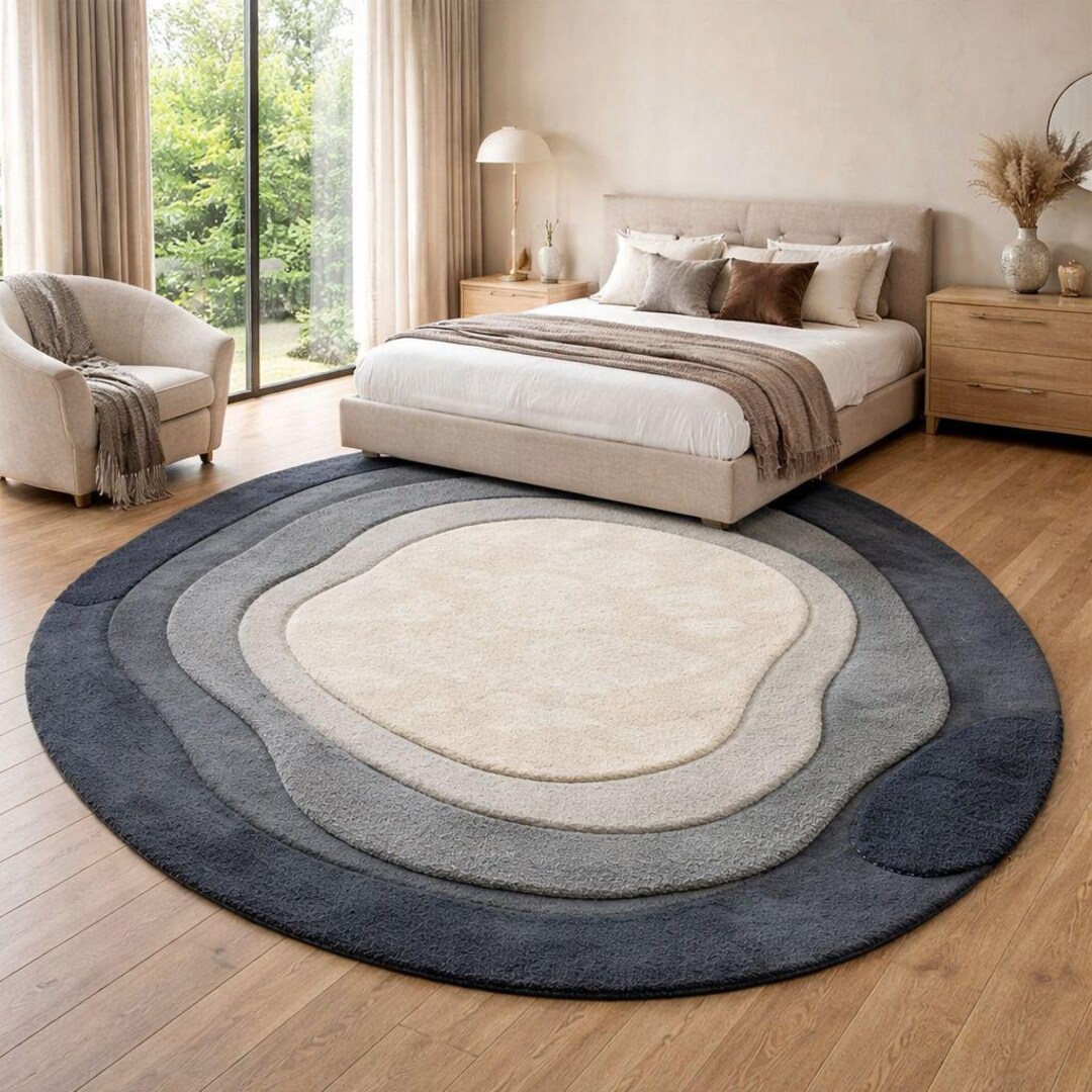 Hand Tufted Round Rug Grey and Cream Organic Shape Wool Area Rug for ...